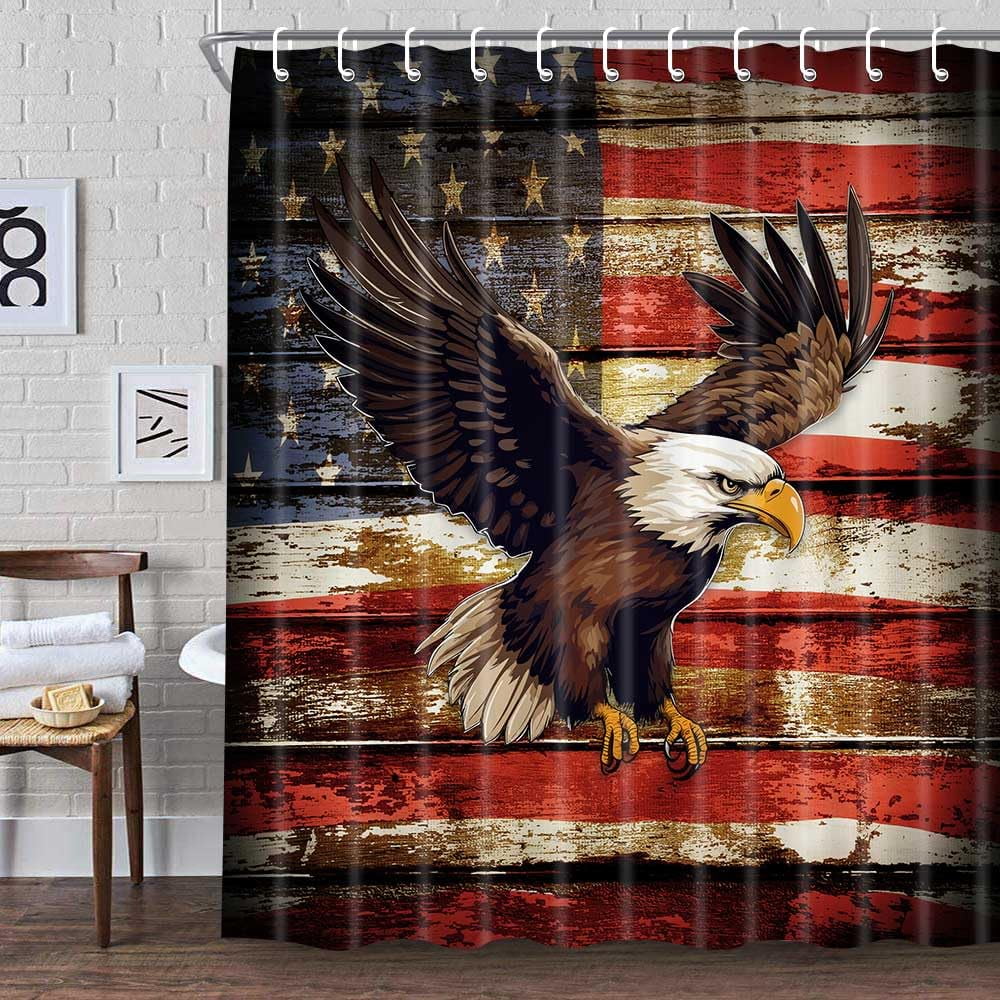 Fourth of July Shower Curtain, American Flag Shower Curtain, Independence Day Patriotic Theme USA Eagle Shower Curtains for Bathroom Decor Fabric Waterproof with Hooks