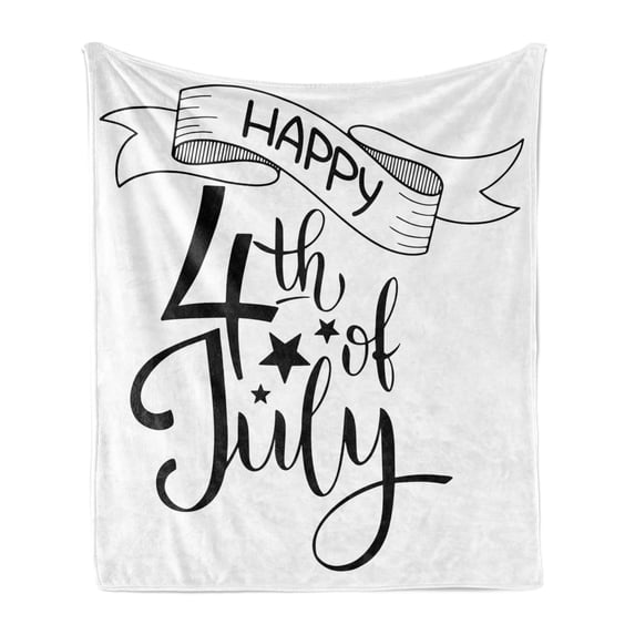 Fourth of July Soft Flannel Fleece Blanket, Pattern of Happy 4th of July Cursive Typography with a Ribbon, Cozy Plush for Indoor and Outdoor Use, 70" x 90", Charcoal Grey and White, by Ambesonne