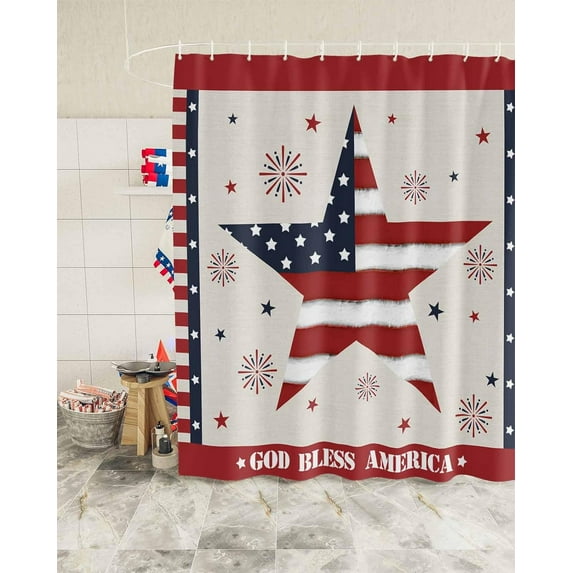 Fourth of July Stars Shower Curtain, American Firework Shower Curtain Set with Hooks, Spring Summer Waterproof Fabric Shower Curtains for Bathroom Decor, 72x72 Inch Bath Curtain