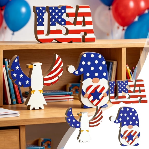 Fourth of July Table Decorations,3PCS Wooden USA Symbol Wooden Sign,Rustic American Independence Day Decorations for Home Office Tabletop Display Memory Day Party Supplies