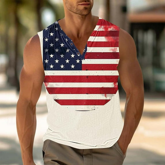 Fourth of July Tank for Men Patriotic Tank Men Fourth of July Tanks Red White and Blue Top Men's Vintage Printing Casual Fitness Sport Permeability V Neck Tank Tops