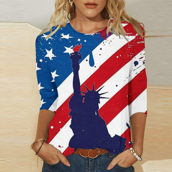 Fourth of July Tees for Women American Flag Tops Women 4th of July T-Shirts Patriotic Tee Shirts for Women Women's Fashion Tees Casual Crewneck 3/4 Sleeve Loose T Shirt Ladies Blouses Shirts