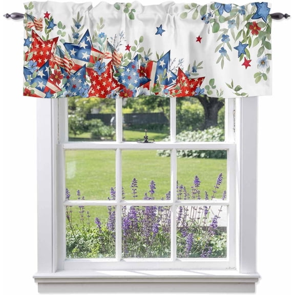 Fourth of July Window Valance Curtain with Farmhouse Eucalyptus American Flags Print, Rod Pocket Design, Decorative Curtains for Home Kitchen Living Room Bathroom Bedroom Farmhouse 56" W x 16" L