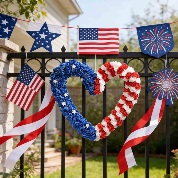 Fourth of July Wreath Door Hanger, Patriotic USA Independence Day Door Sign Decoration for Front Door, Porch, Wall and Farmhouse Outdoor Decor, 17.7 Inch Multicolor Foam Rose Garl