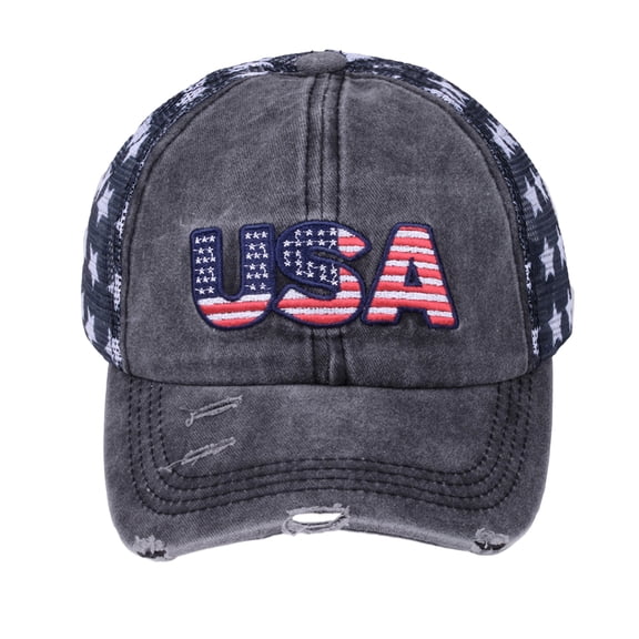Fourth of July decorations, Fourth of July Accessories, Black Mesh Fabric, Embroidery Fabric, Distressed Adjustable Baseball Cap, Unisex Patriotic Outdoor Headwear, Dark Gray, 1