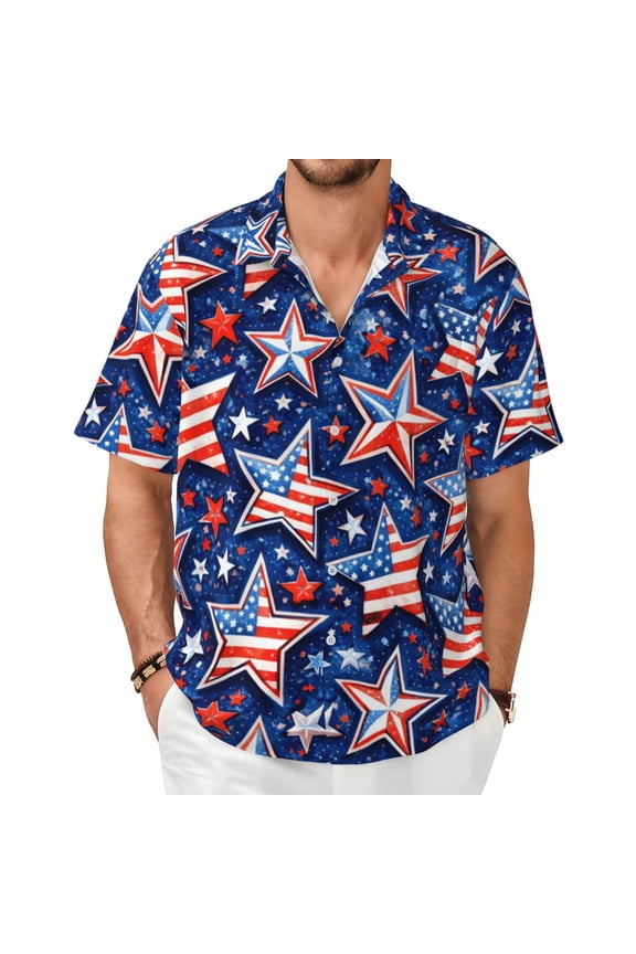 Fourth Of July American Flag Star Pattern Men'S Short-Sleeved Shirts with All-Over Prints for Indoor and Outdoor Wear