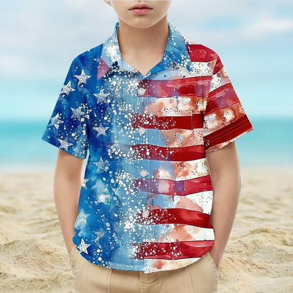 Fourth Of July Outfits For Kids Fashion Cute Independence Day Printed Shirt Boys Girls Casual Lapel Collar Short Sleeves Top Multicolor 2-3 Years