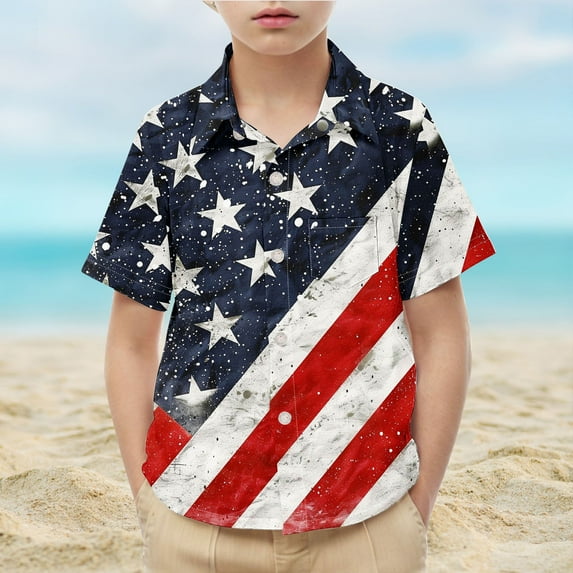Fourth Of July Outfits For Kids Fashion Cute Independence Day Printed Shirt Boys Girls Casual Lapel Collar Short Sleeves Top Multicolor 8-9 Years