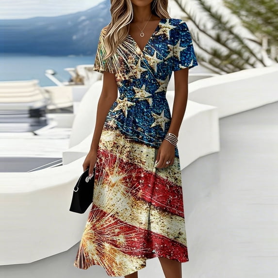 Fourth Of July Outfits for Women Independence Day Sun Dress A Line Short Sleeve Dressy Cocktail Party Dress