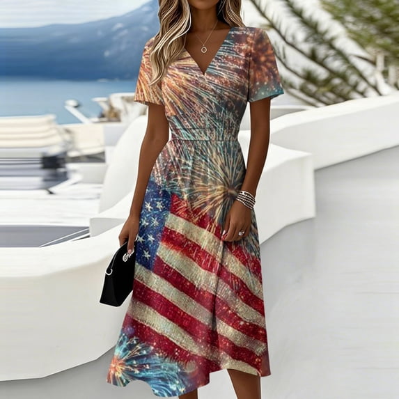 Fourth Of July Outfits for Women Independence Day Sun Dress A Line Short Sleeve Dressy Cocktail Party Dress
