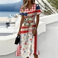 thumbnail image 1 of Fourth Of July Outfits for Women Red White and Blue Print Deep V Neck Dress Usa Flag Midi Cover Ups Dress Cocktail Party Dress, 1 of 5