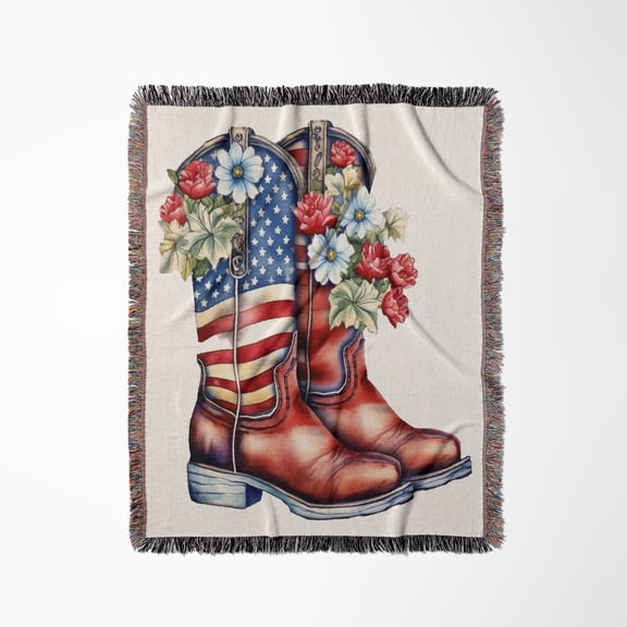 Fourth Of July Patterned Boots With Flowers, Woven Blanket