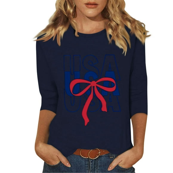 Fourth Of July Top Red White and Blue Women's Soft Stretch T-Shirt Breathable Round Neck 3/4 Sleeve Printed Top Blue Xxl