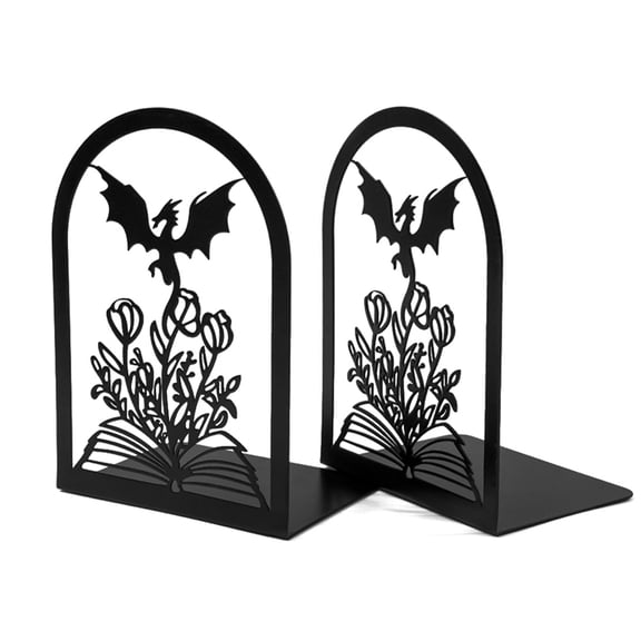 Fourth Wing Dragon & Floral Metal Bookends Book-Shaped Shelf Stoppers, Non-Slip Fantasy Decor