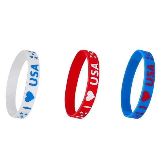 Fourth of July Accessories, Party Accessories, 8 in Rubber Bracelets Bulk, 4Th of July Picnics, I ❤️ Usa Engraved Graphics, Tri-tone, 2 Set
