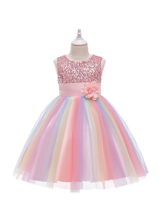 Sleeveless Mesh Sequin Rainbow Wedding Party Flower Girl Dresss