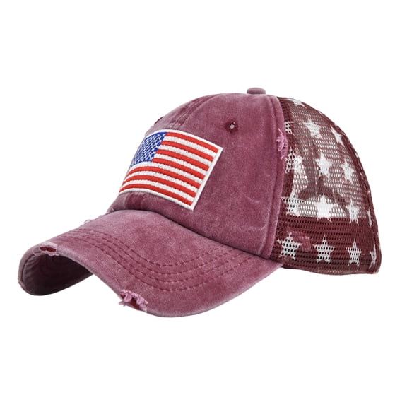 Fourth of July Embroidered Caps, Breathable Vintage Adult Headwear, Casual Sun Coverage, Fabric Cotton Fabric, Maroon, Adjustable Strap, 1 Pc