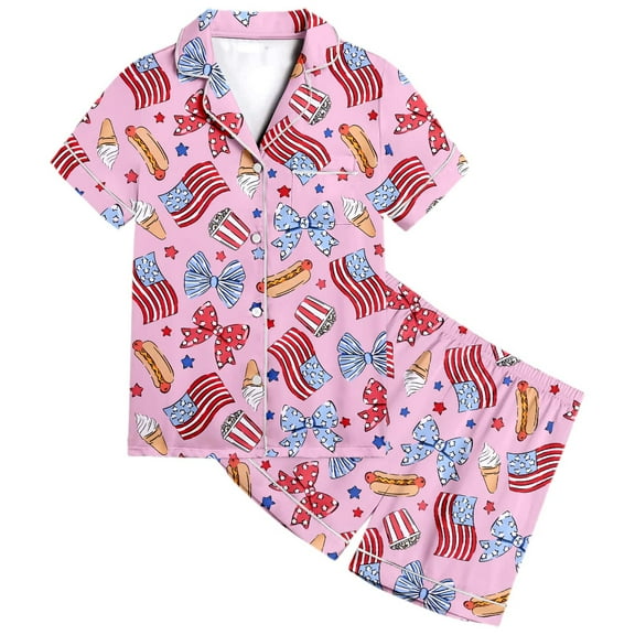 Fourth of July Girls Pajamas Size 4-5 Years Short Sleeve Pajamas Cute Cartoon Clothes Comfy Fit Short Sleeve Kids Summer Trendy Sleepwear Clothes Set