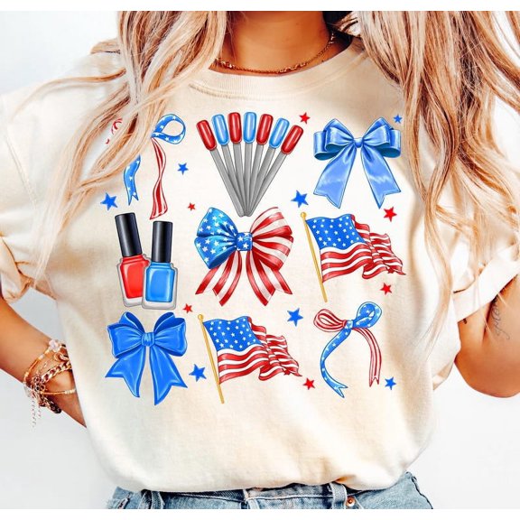 Fourth of July Nails Shirt – Red White Blue Nail Art Tee with Patriotic Bow and Stars for Nail Lovers