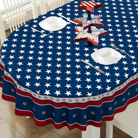 Fourth of July Oval Tablecloth Memorial Day Patriotic Table Cloth American Flag, Stars Table Cloths for Indoor and Outdoor Kitchen Dining-60 x84