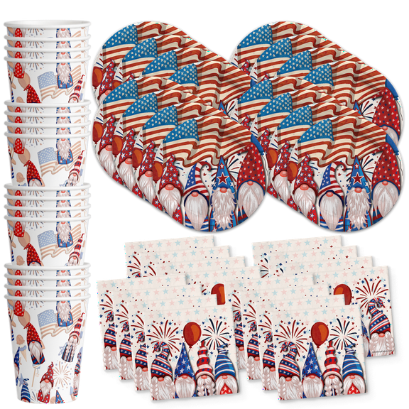 Fourth of July Paper Plates and Napkins - Patriotic Gnomes Party Supplies - American Flag Tableware Set Includes Plates Napkins Cups - Kit for 16