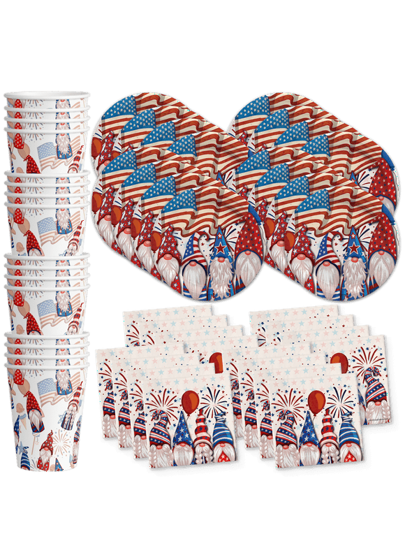 Fourth of July Paper Plates and Napkins - Patriotic Gnomes Party Supplies - American Flag Tableware Set Includes Plates Napkins Cups - Kit for 16