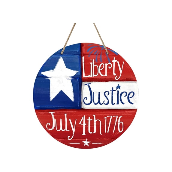 Fourth of July Patriotic Hanging Wall Sign Rustic Farmhouse Red White Blue Decor for Living Room Front Porch Outdoor Home