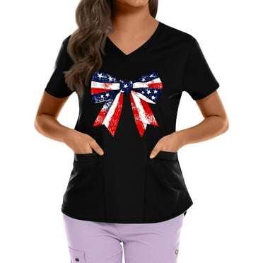 Fourth of July Scrub Tops for Women Scrubs USA Patriotic Shirts V Neck Flag Pattern Short Sleeve Nursing Top 01-Black L