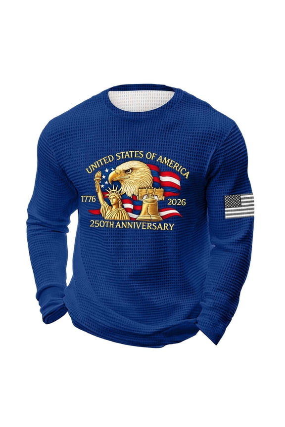 Fourth of July Shirts for Men 1776-2026 250th Anniversary Sweatshirt Patriotic Long Sleeve Shirts Waffle Crewneck Pullover Lightweight