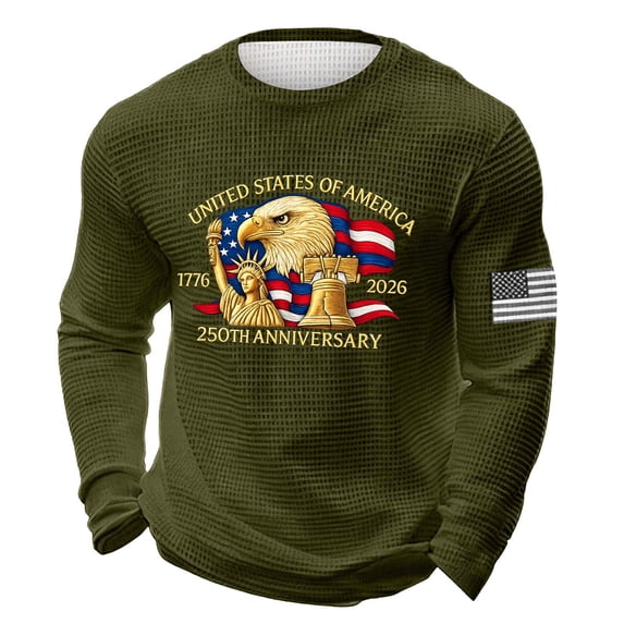 Fourth of July Shirts for Men 1776-2026 250th Anniversary Sweatshirt Patriotic Long Sleeve Shirts Waffle Crewneck Pullover Lightweight