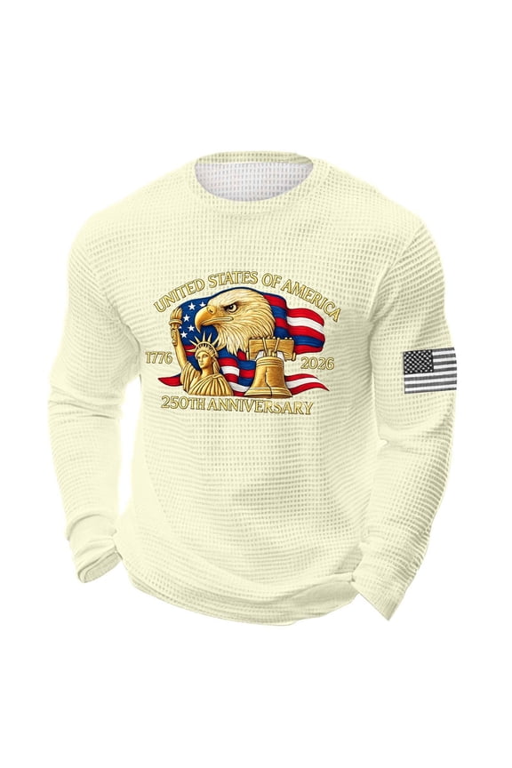Fourth of July Shirts for Men 1776-2026 250th Anniversary Sweatshirt Patriotic Long Sleeve Shirts Waffle Crewneck Pullover Lightweight