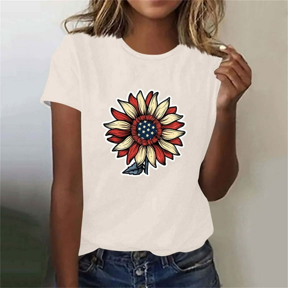 Fourth of July Tawop T Shirts for Women Short Sleeve American Flag Patriotic Womens T Shirts Printed Casual Fashion Beige