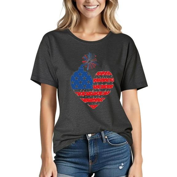 Fourth of July  American Flag Shirt Women Patriotic T-Shirt 4th of July Graphic Tees Shirts Casual Loose Printed Crew Neck Short Sleeve Summer Tops New Black XL