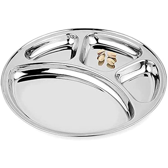 Fourthline Stainless Steel Traditional Dinner Plate | Lunch Plate Set | Bhojan Thali Set | Breakfast Plates Set | Mess Plate | Compartment Thali Set | 4 Partition Plate (Size - 290x290 MM, Pack of 1)