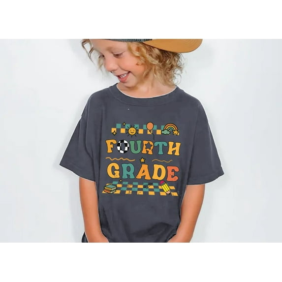 Fouth Grade Kids T-Shirt - Retro Back to School Graphic Tee for Boys and Girls - 100% Cotton Short Sleeve Shirt