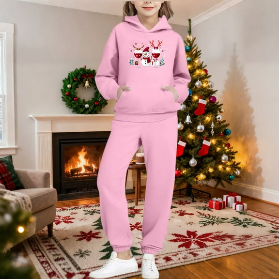 Fovaffer 2PC Boys Girls Christmas Printed Hoodie & Sweatpants Two-piece Set, Long-sleeved Casual Sports Outfit Kids Winter Clothes for Daily, Travel, Holiday, Party Wear 2-14Y
