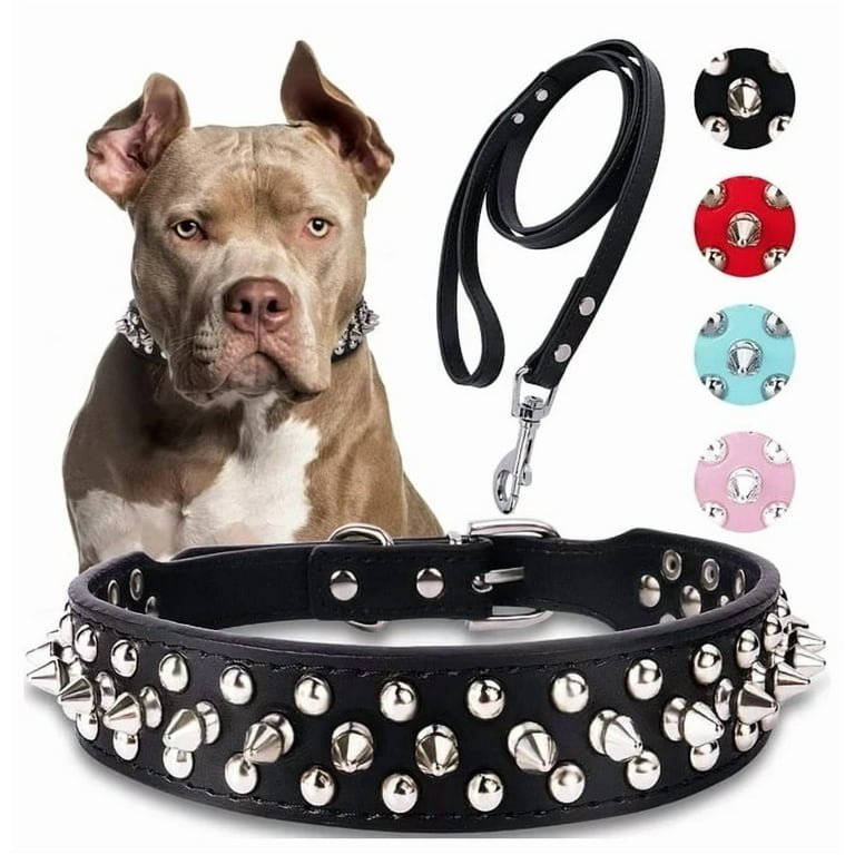 Fovien Durable PU Leather Dog Collar with Leash, Spiked Studded