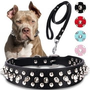 Fovien Dog Collar with Leash,Durable Rivet PU Leather Dog Collars for Pit Bull, Spiked Studded for Small Medium Large Dog