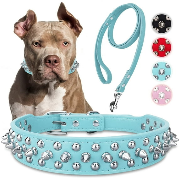Fovien Dog Collar with Leash,Durable Rivet PU Leather Dog Collars for Pit Bull, Spiked Studded for Small Medium Large Dog