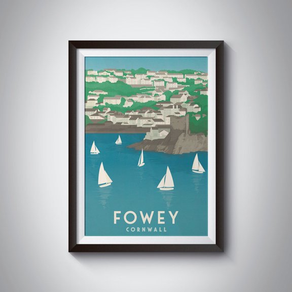 Fowey Cornwall Travel Poster Polruan Polkerris Cornish Painting Seaside Wall Art Wall Decor Artwork Beach Harbour Boats Wall Art Modern Wall Decor Wall Art