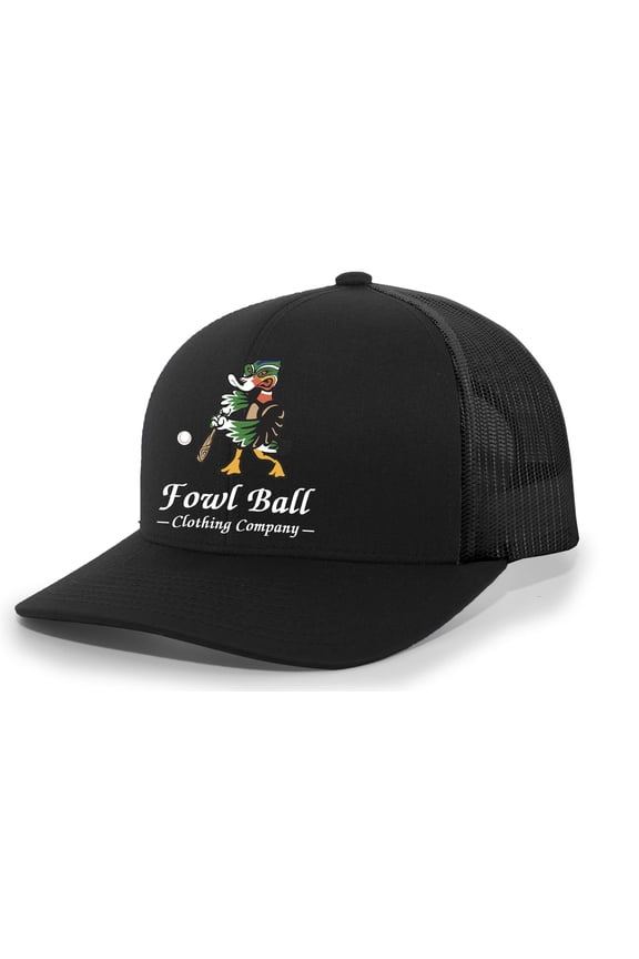 Fowl Ball Mens Baseball Duck Embroidered Mesh Back Trucker Hat, Black/Black