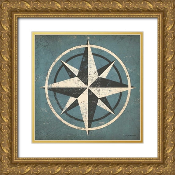 Fowler, Ryan 15x15 Gold Ornate Wood Framed with Double Matting Museum Art Print Titled - Nautical Compass Blue