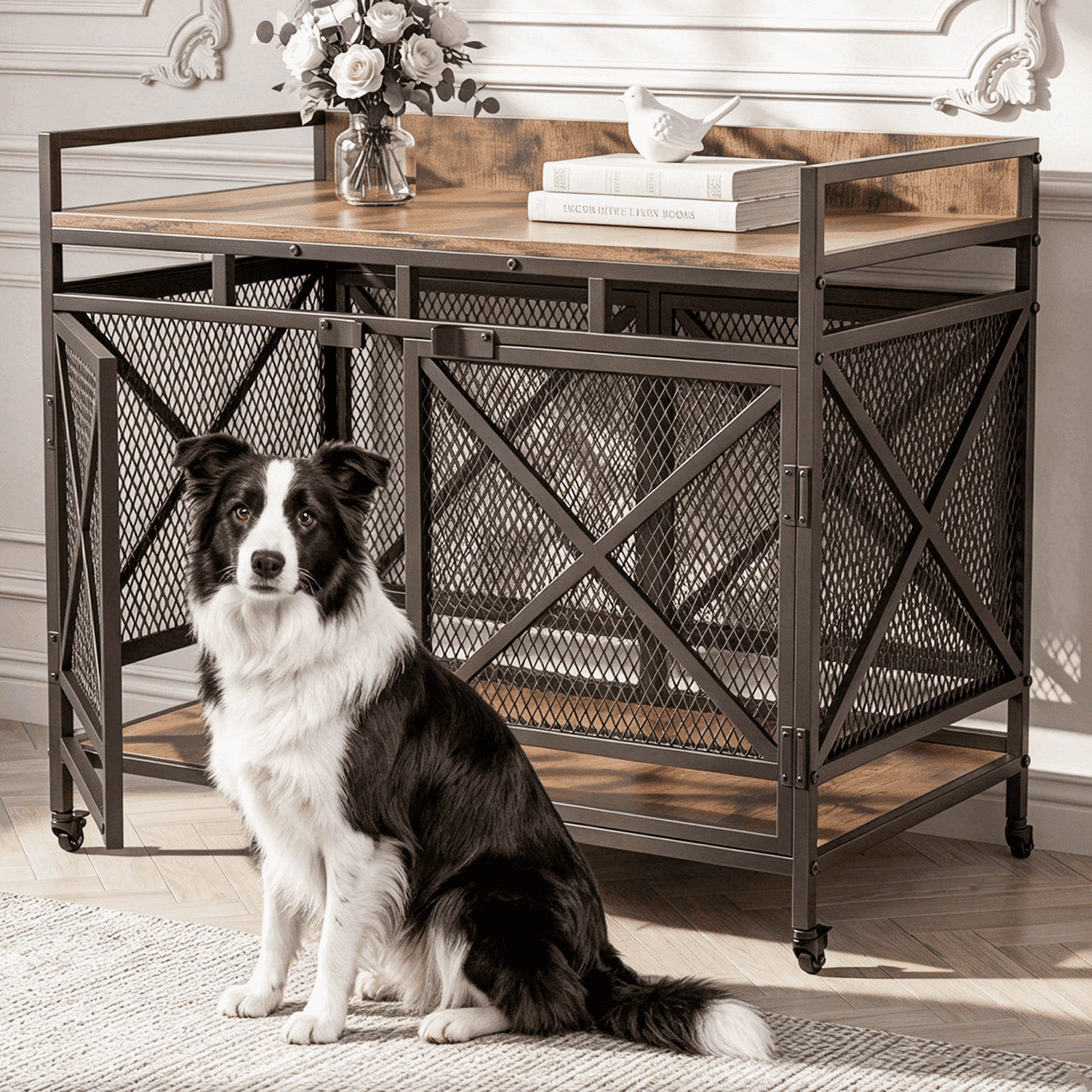 Fowroa 48" Dog Crate with Wheels Dog Crate Furniture for Large Dogs up to 90 lbs, Waterproof Top, Brown