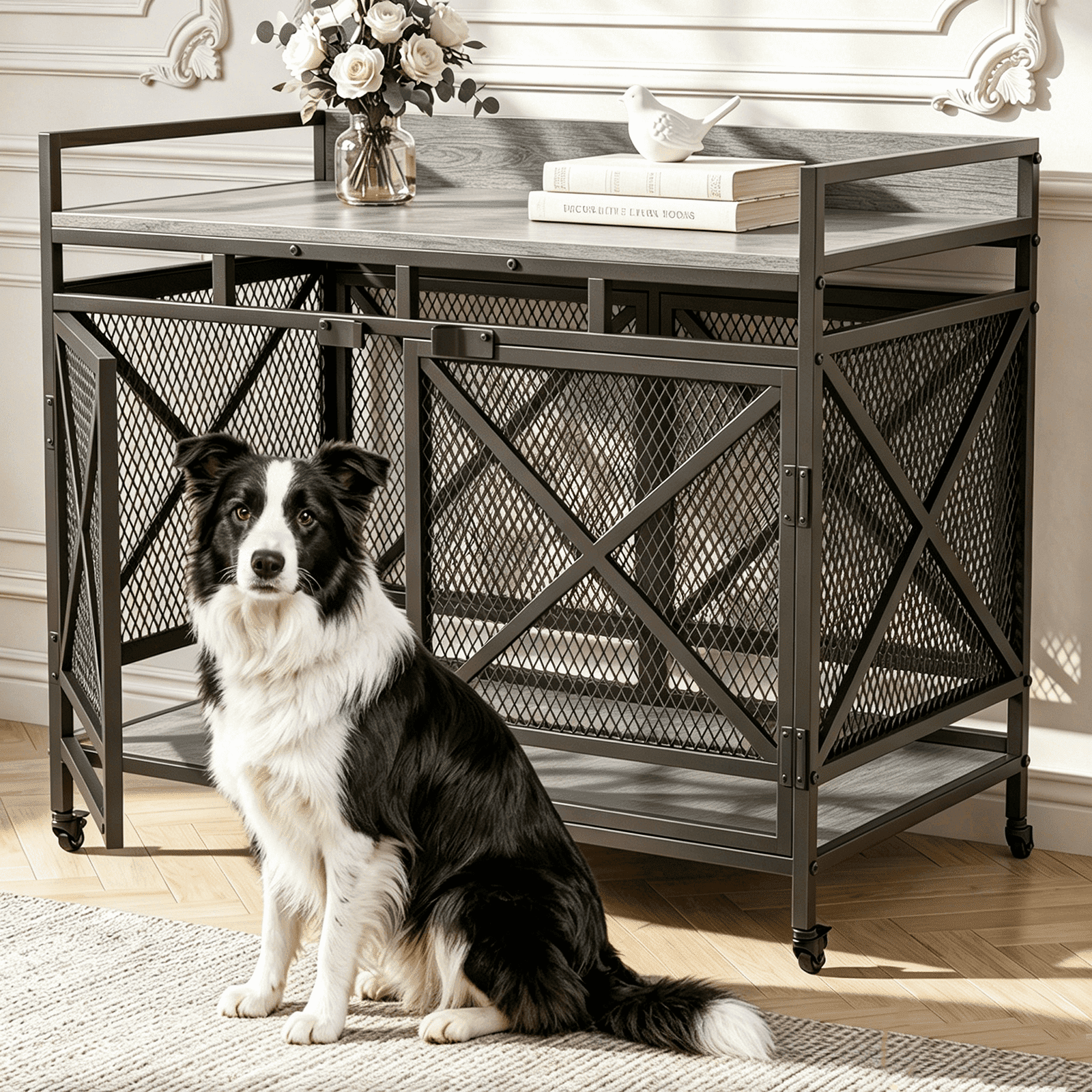Fowroa 48" Dog Crate with Wheels Dog Crate Furniture for Large Dogs up to 90 lbs, Waterproof Top, Gray
