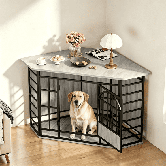 Fowroa 52 Inch Wooden Corner Dog Crate Furniture, Indoor Decorative Dog Kennel for Medium & Large Dogs, Brown