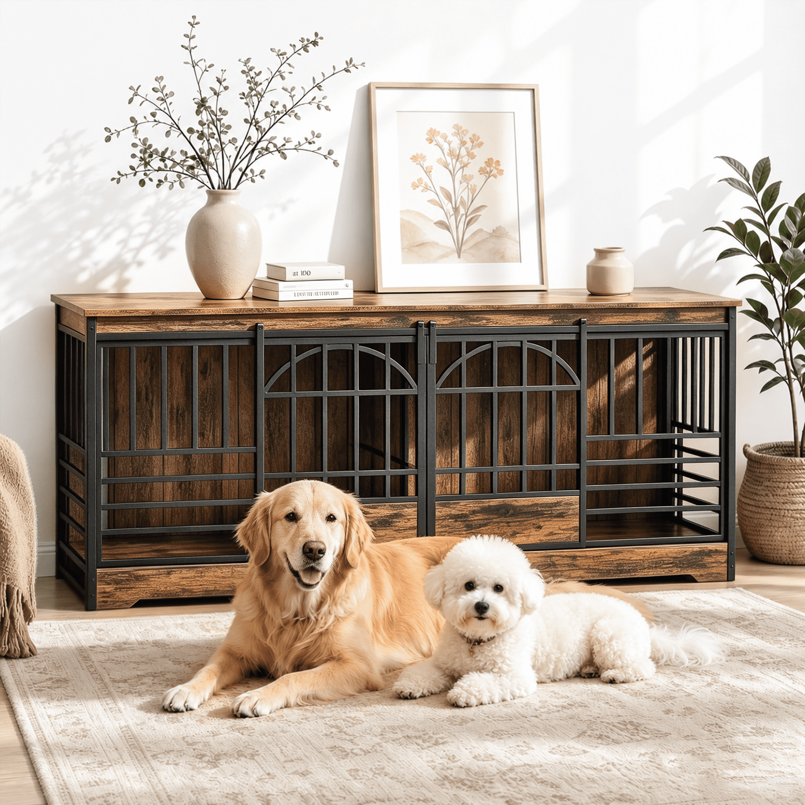 Fowroa 78 inch Extra Large Double Dog Crate Furniture, Heavy Duty Indoor XXL Dog Kennel with Removable Divider, Brown