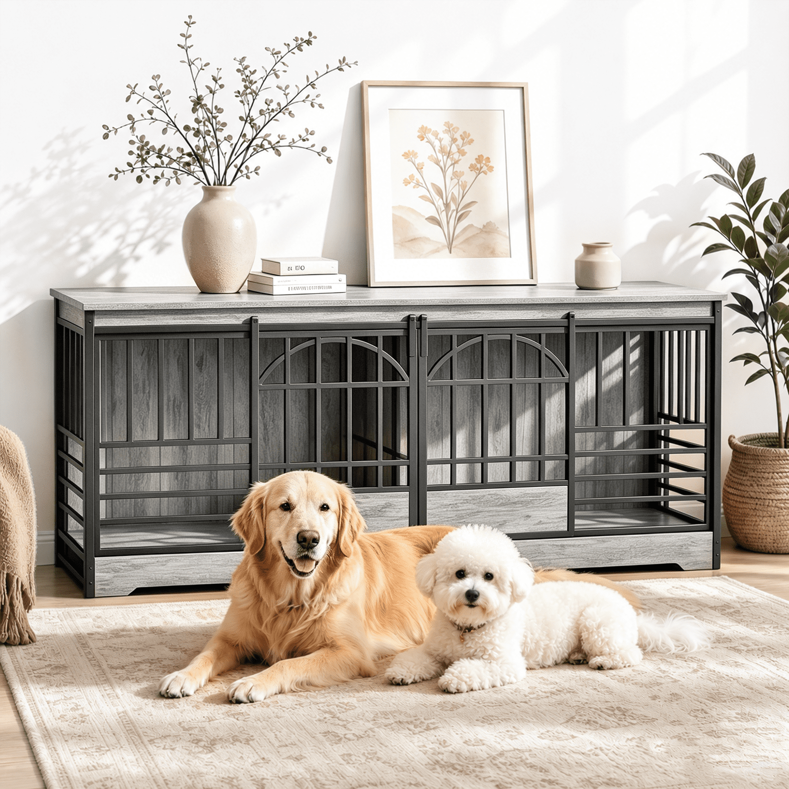 Fowroa 78 inch Extra Large Double Dog Crate Furniture, Heavy Duty Indoor XXL Dog Kennel with Removable Divider, Gray
