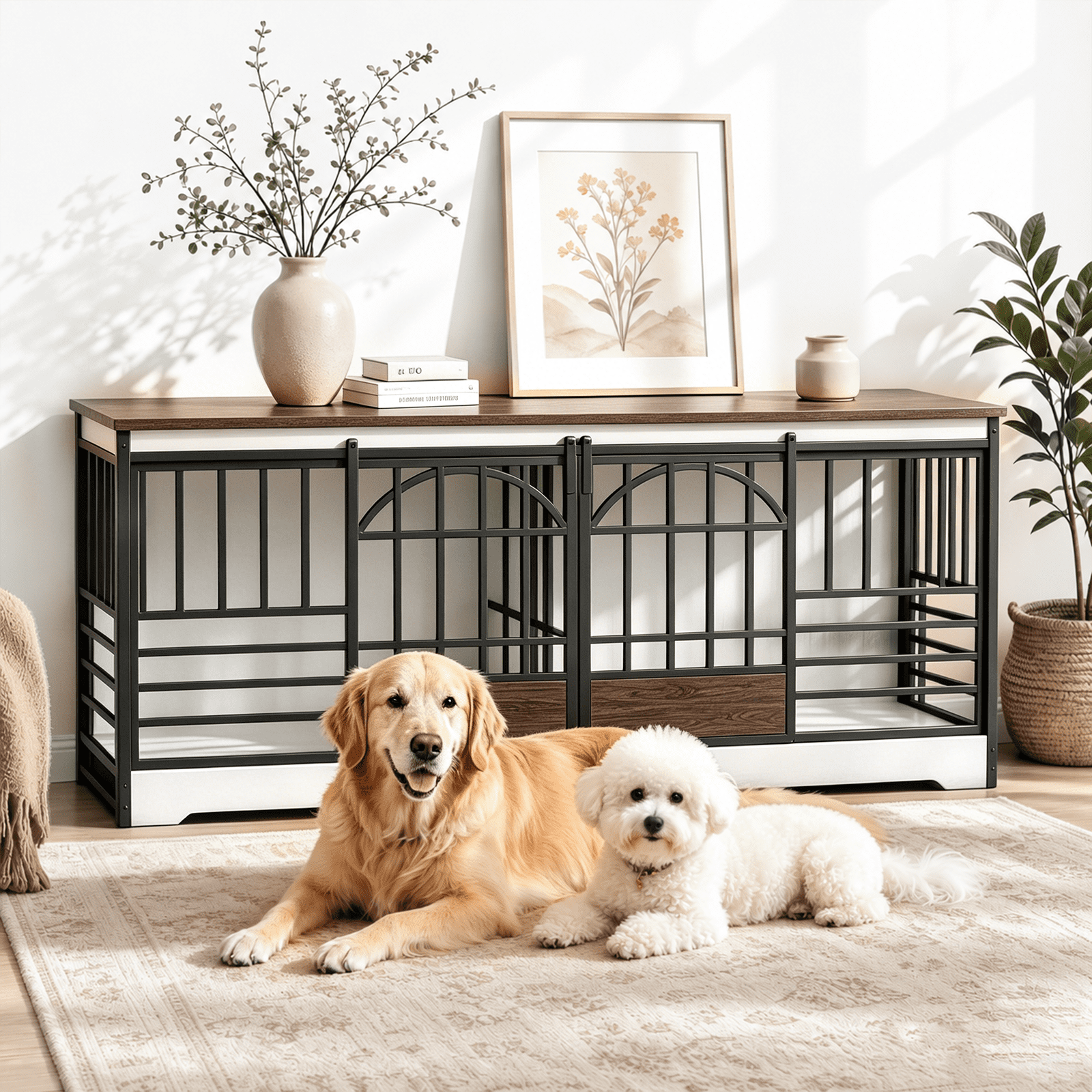 Fowroa 78 inch Extra Large Double Dog Crate Furniture, Heavy Duty Indoor XXL Dog Kennel with Removable Divider, White