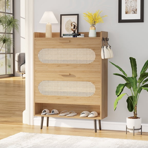 Fowroa Modern Rattan Wood Narrow Shoe Cabinet with 2 Flip Drawers, Hidden Shoe Storage