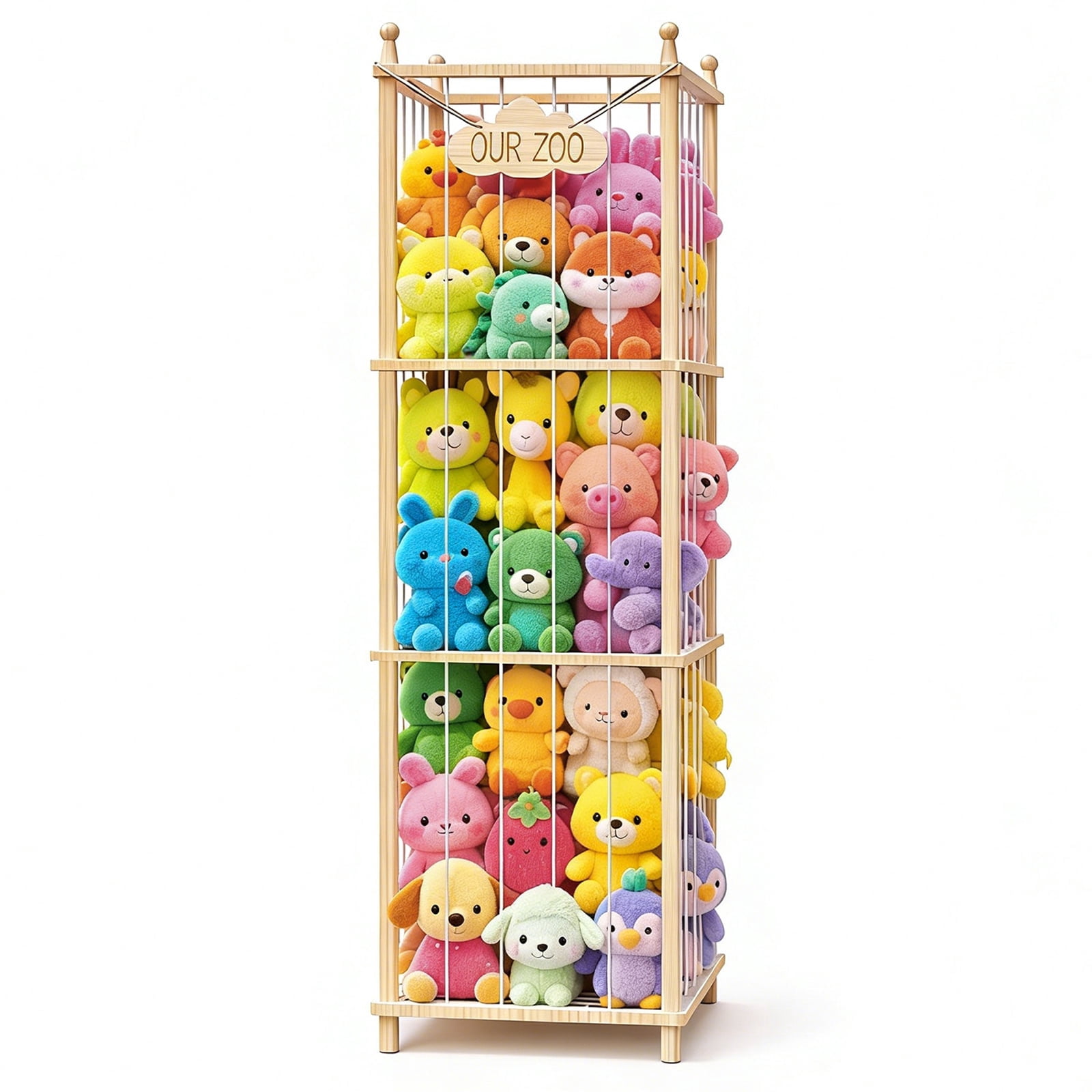 Fowroa Stuffed Animal Storage ,Wooden Zoo Toy Storage , Plushie Organizer Holder Rack with Elastic Cords